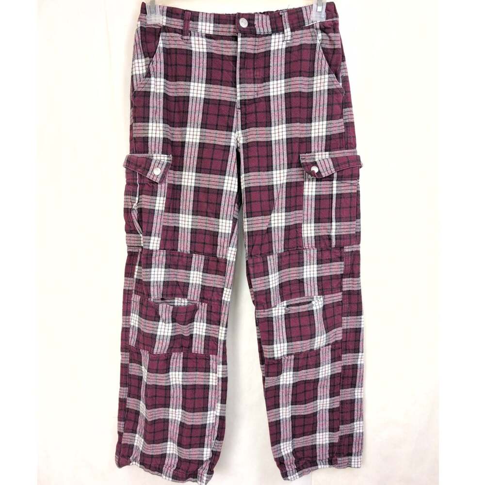Forever 21 maroon red plaid fleece cargo pants Size 8 Preppy Cabin Punk Grunge